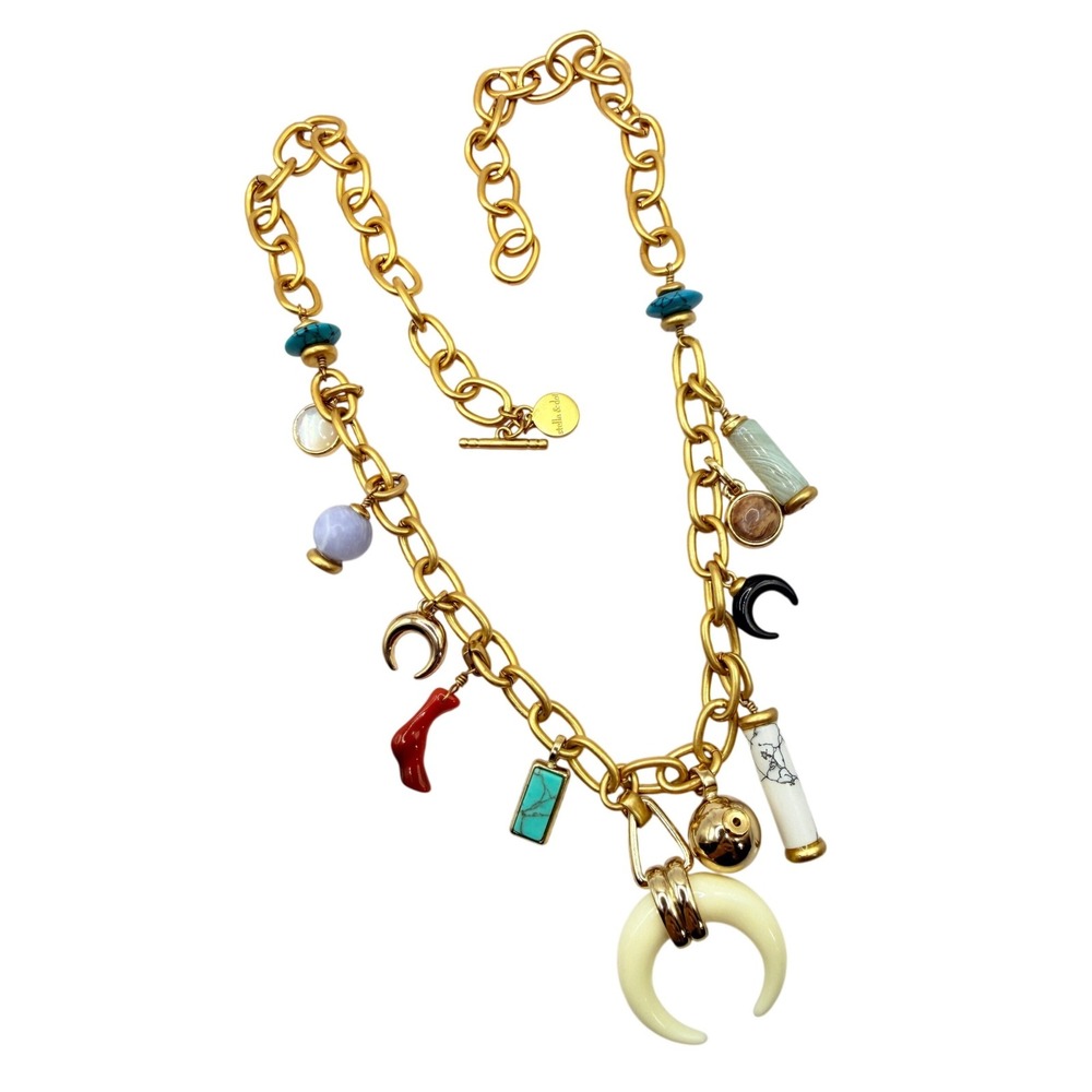 Stella & Dot Gold Tone Boho Charm Necklace Crescent Horn 24 Inch Eclectic